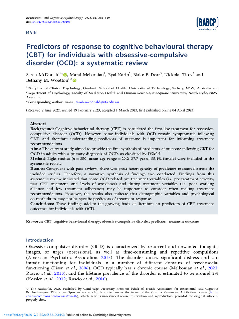 Predictors of CBT Outcomes in OCD | PDF | Obsessive–Compulsive Disorder ...