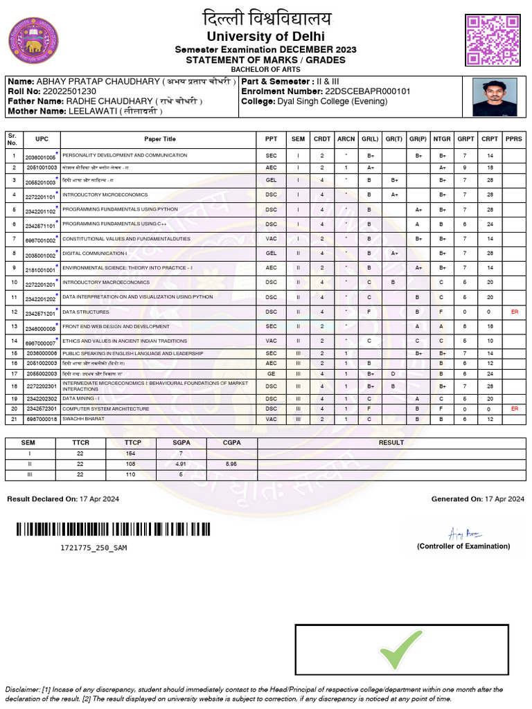 University of Delhi: Semester Examination DECEMBER 2023 Statement of ...