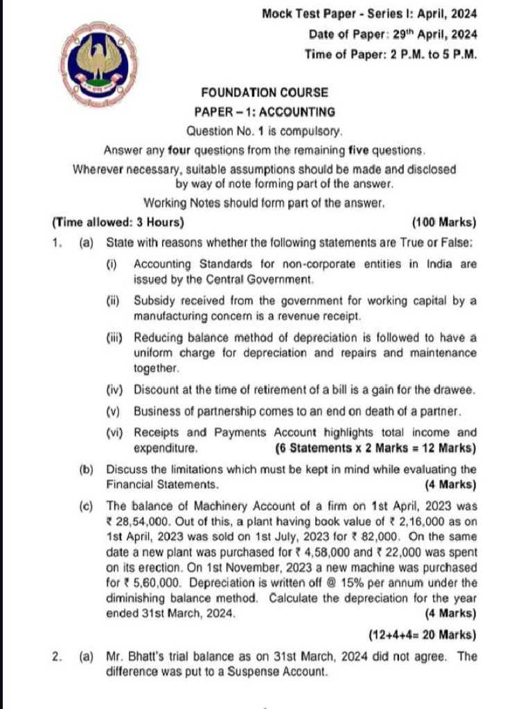 Accounting Mock Question Paper Ca Foundation Pdf Equity Finance