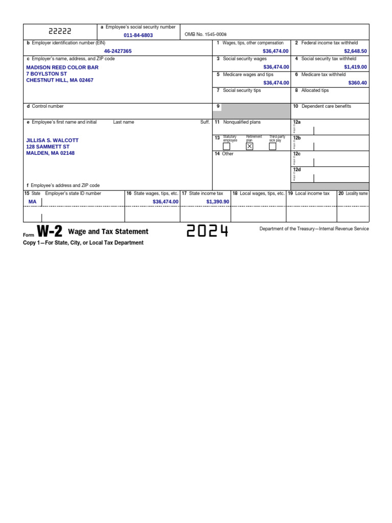 W-2 Wage and Tax Statement 2024 | PDF | Social Security (United States ...