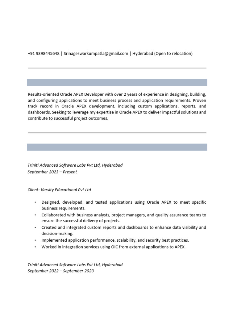 Oracle APEX Developer at Triniti Labs | PDF | Databases | Sql