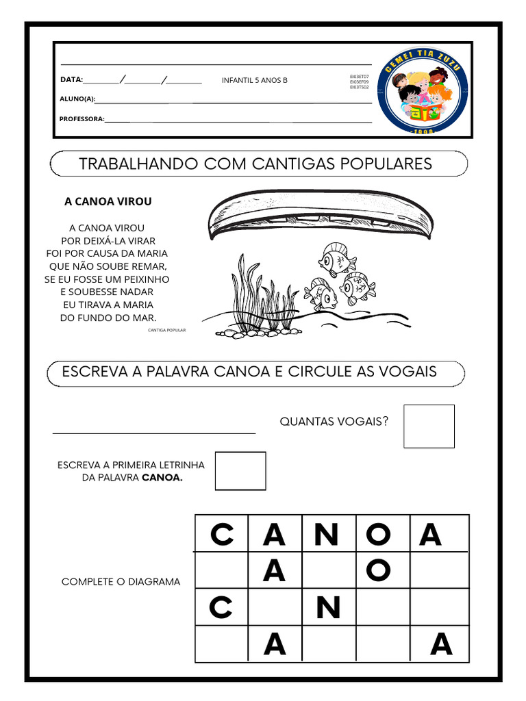 Atividades com a Cantiga "A Canoa Virou" | PDF