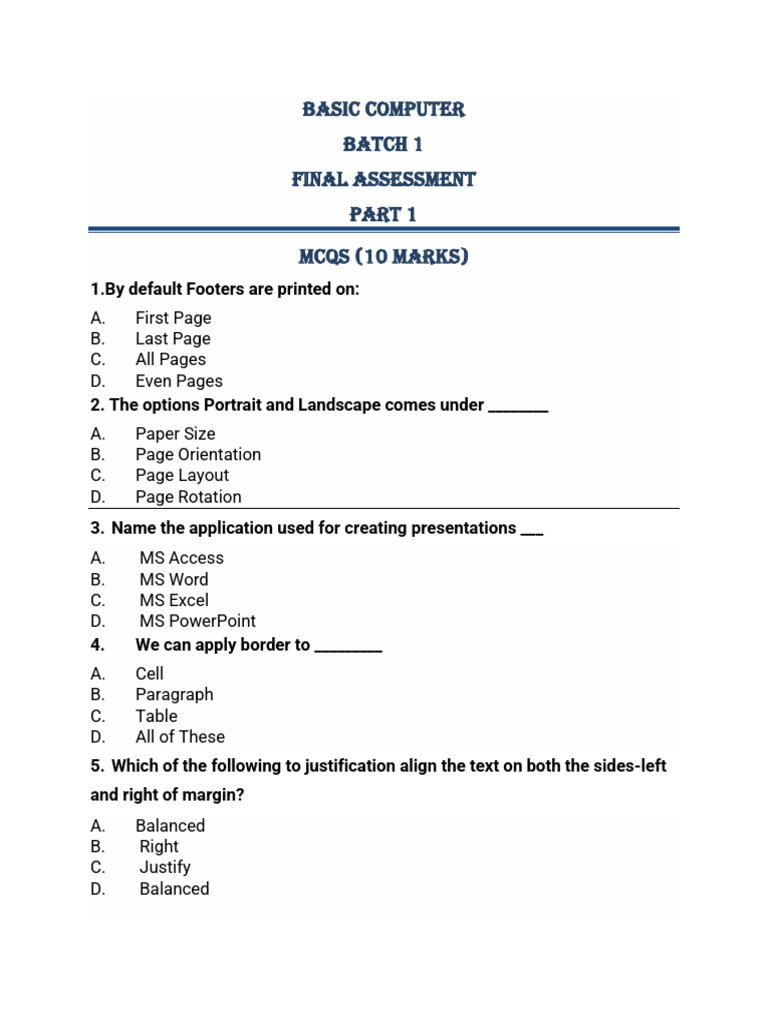Basic Computer Final Assessment MCQs | PDF | Microsoft Word | Spreadsheet