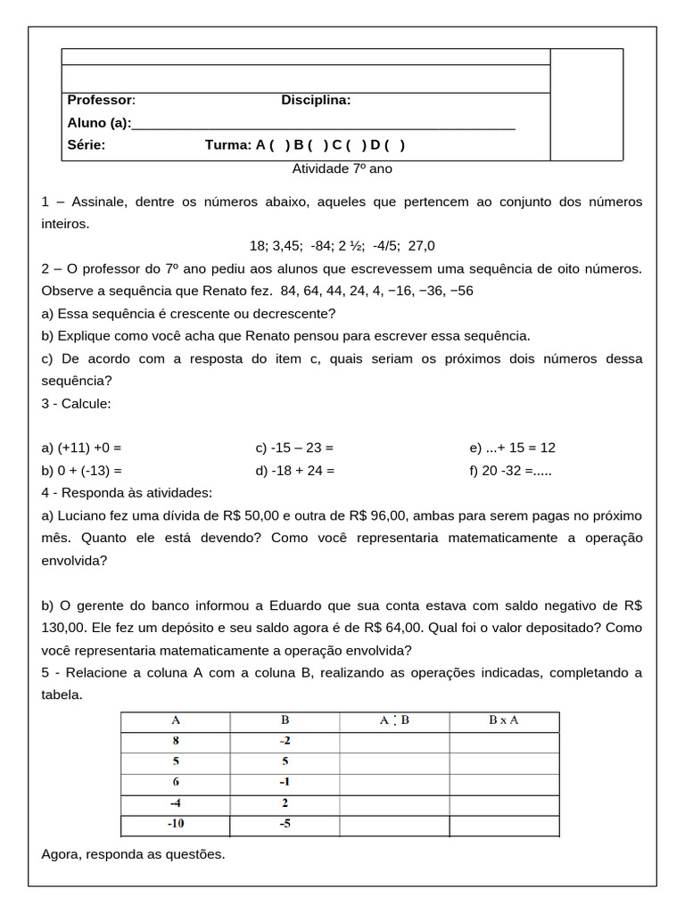 Atividades sobre Números Inteiros 7º Ano | PDF