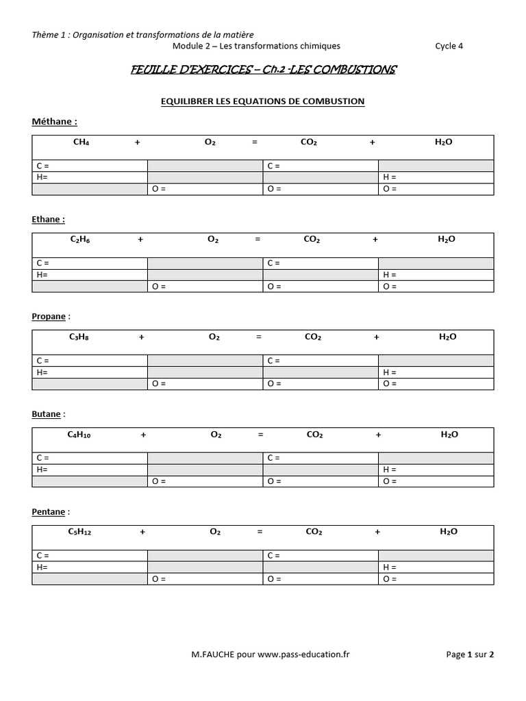 Exercices sur les combustions 4ème | PDF | Alcane | Chimie organique