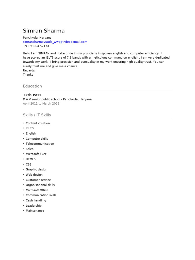 Simran Sharma: English & IT Skills Profile | PDF