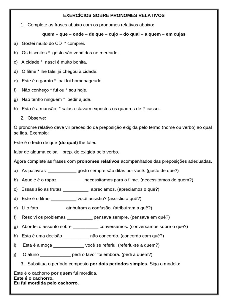 Exercícios De Pronomes Relativos Pdf Pronome Cães