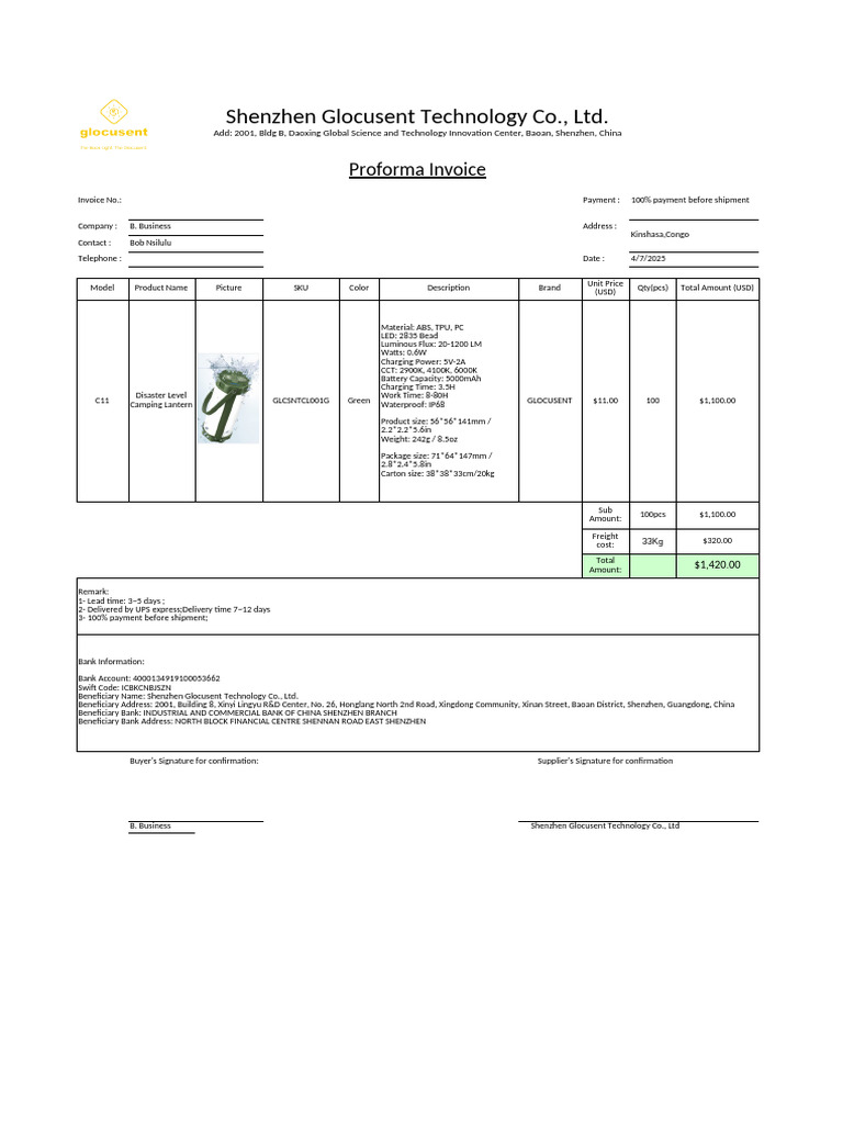 Proforma Invoice for Camping Lantern Purchase | PDF