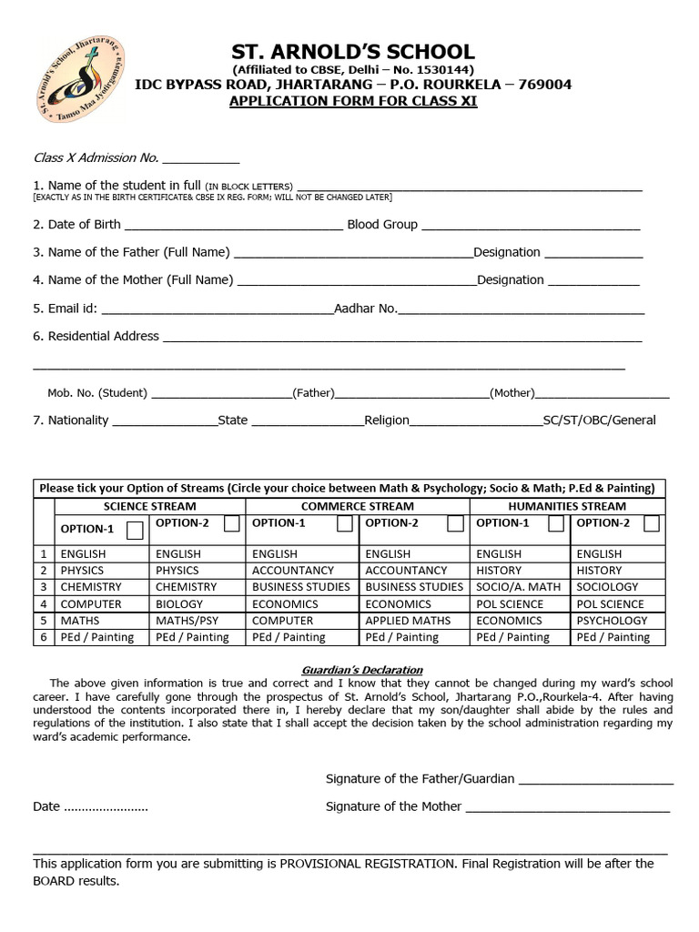Class XI Application Form - St. Arnold's | PDF | Science