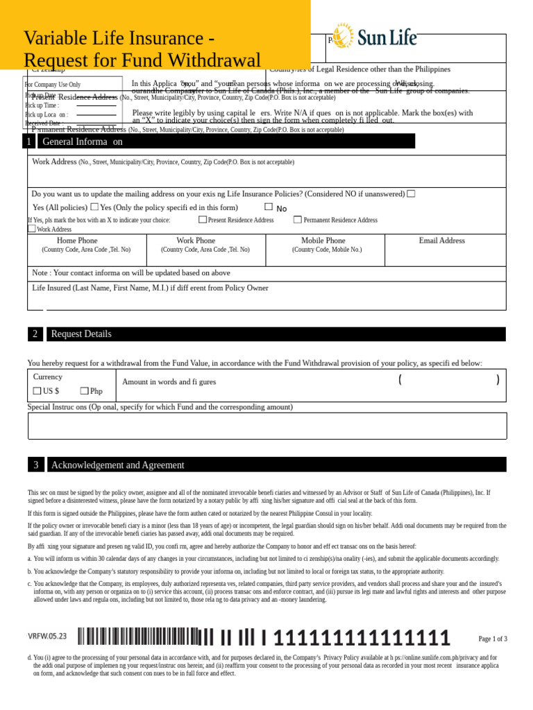 Sun Life Fund Withdrawal Request Form | PDF | Notary Public | Banks
