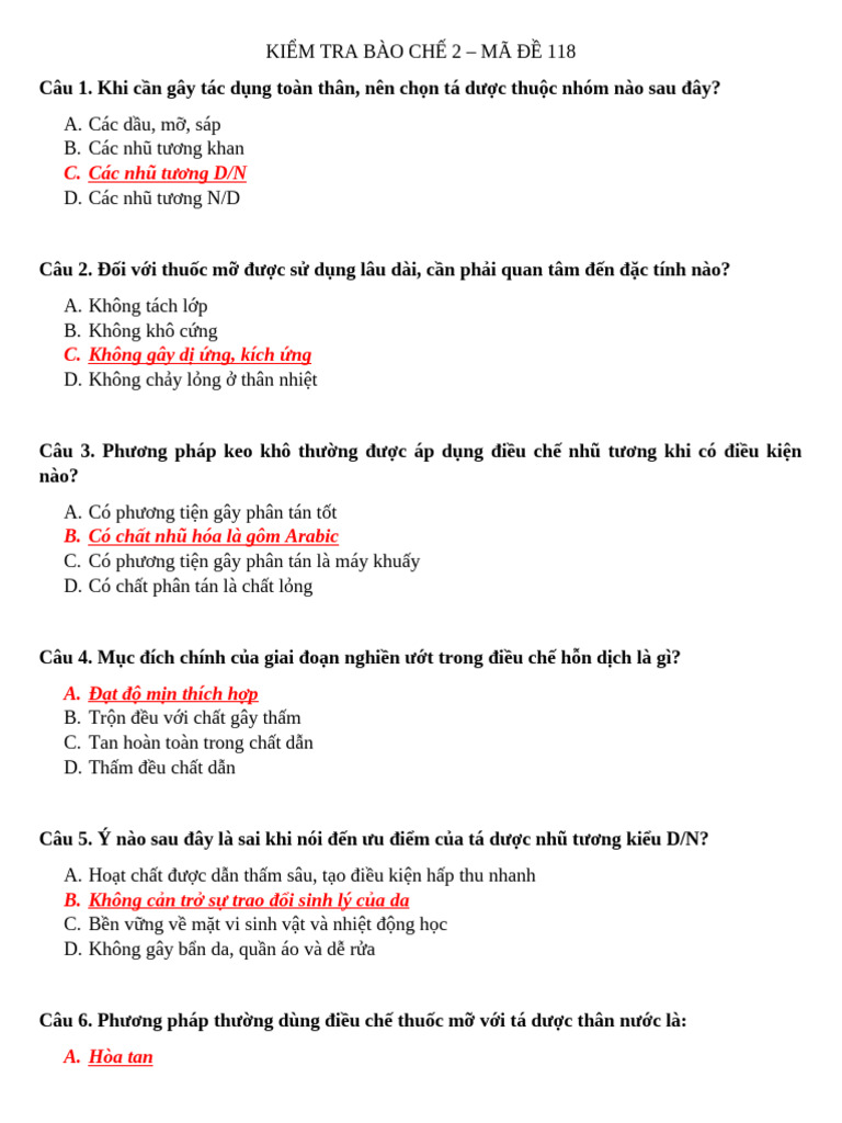Kiểm Tra Bào Chế 2 Mã Đề 118 | PDF