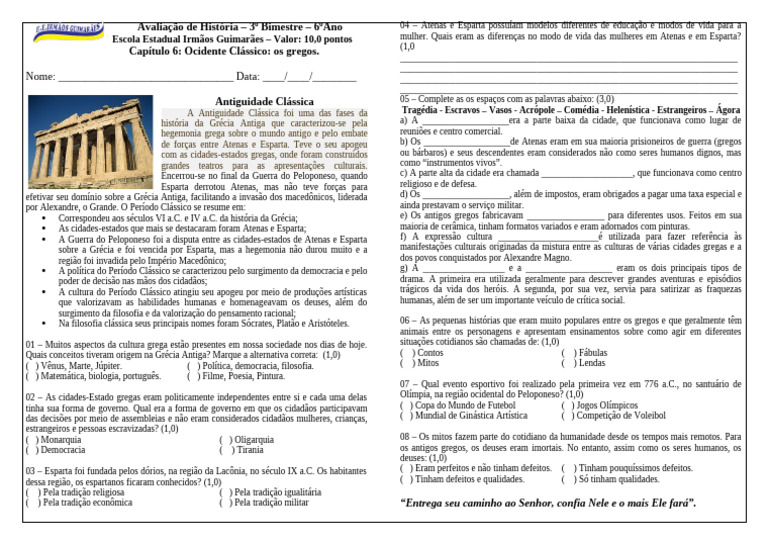 Avaliação sobre a Grécia Antiga 6º Ano | PDF | Grécia Antiga | Esparta