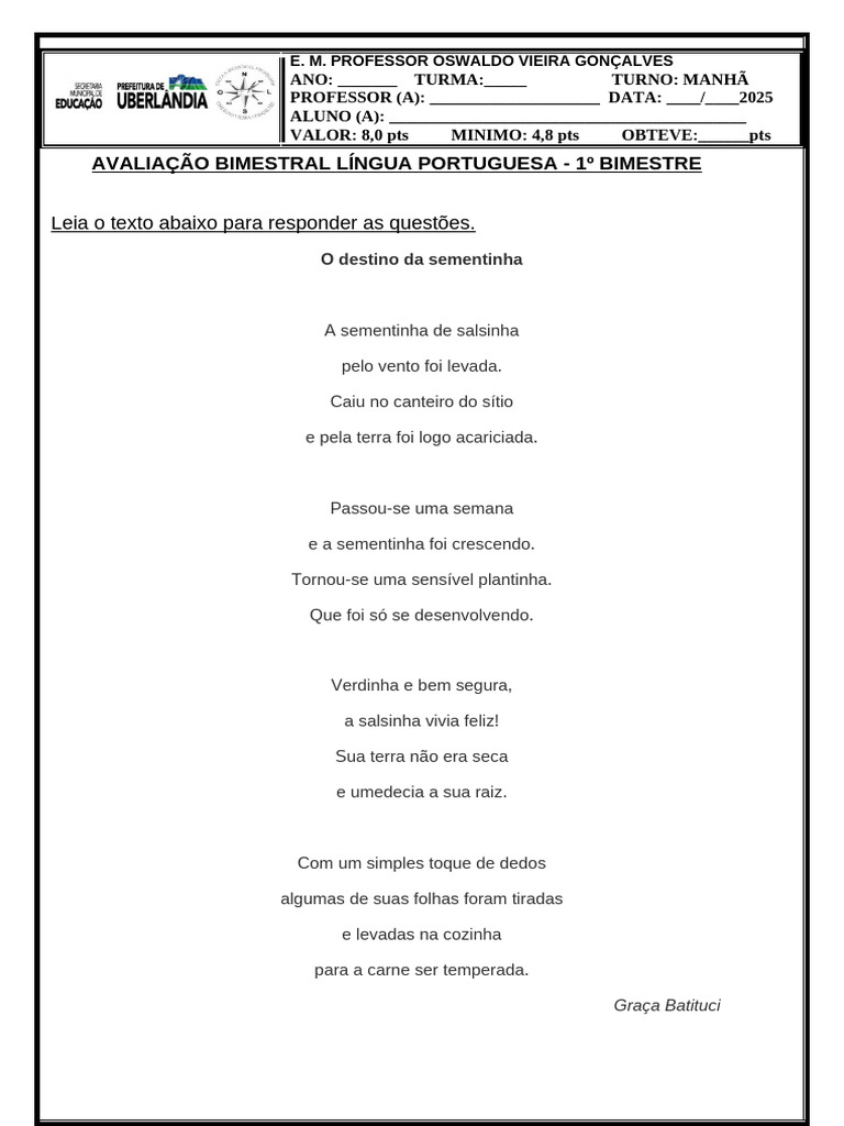 Avaliação de Língua Portuguesa 1º Bimestre | PDF