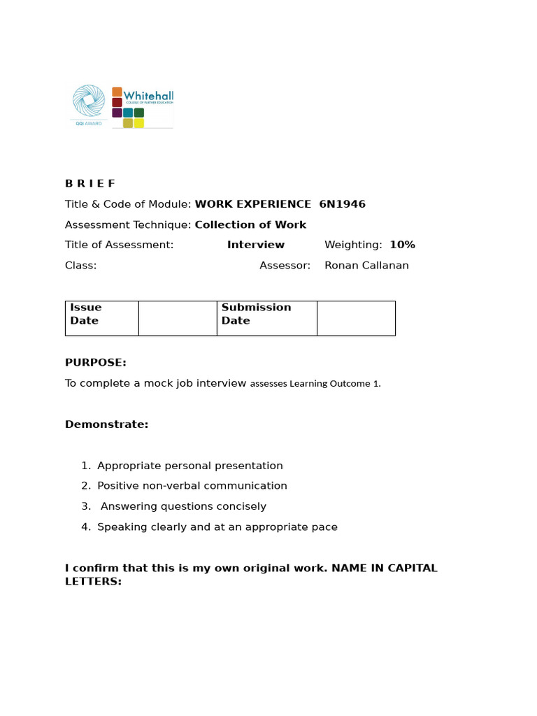 Mock Job Interview Assessment Guide Pdf