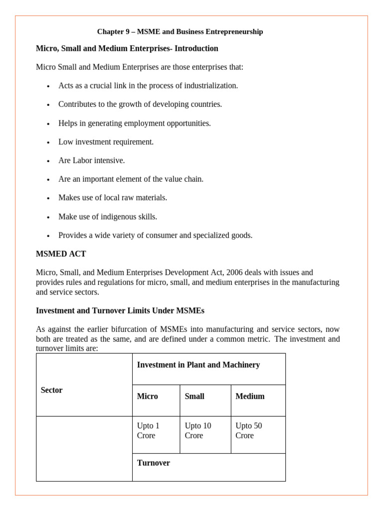 Chapter 9 MSME and Business Entrepreneurship Class 11 Word | PDF ...