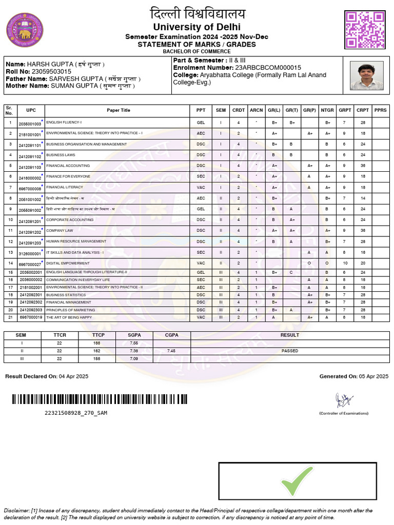 University of Delhi: Semester Examination 2024 - 2025 Nov-Dec Statement ...