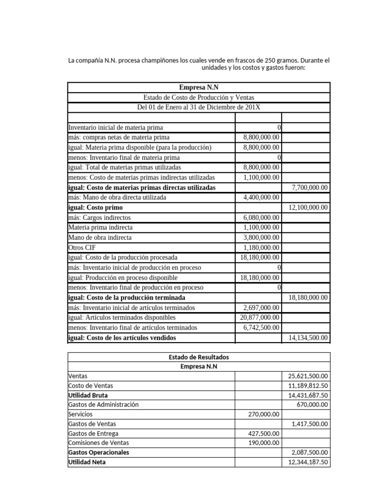 Estado de Costos y Resultados 201X | PDF | Capital (economía) | Estado ...