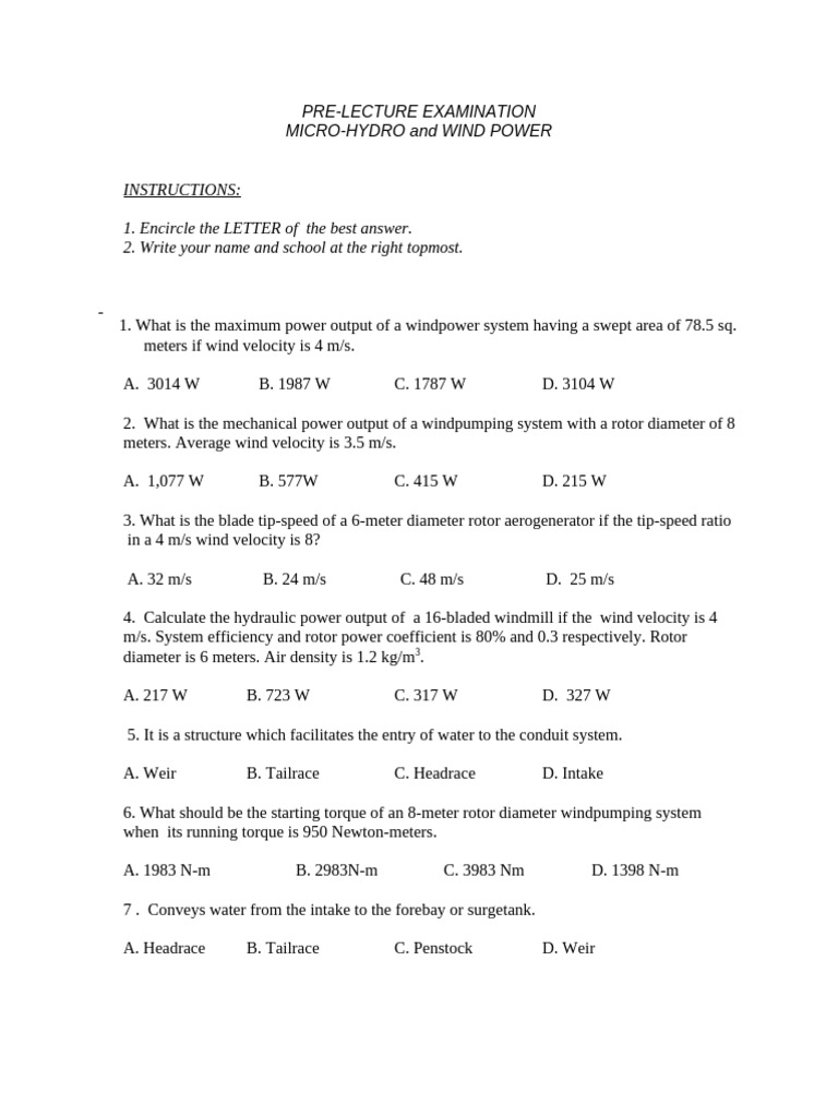 Pre Review Exam MH&W2012 | PDF | Flow Measurement | Turbine
