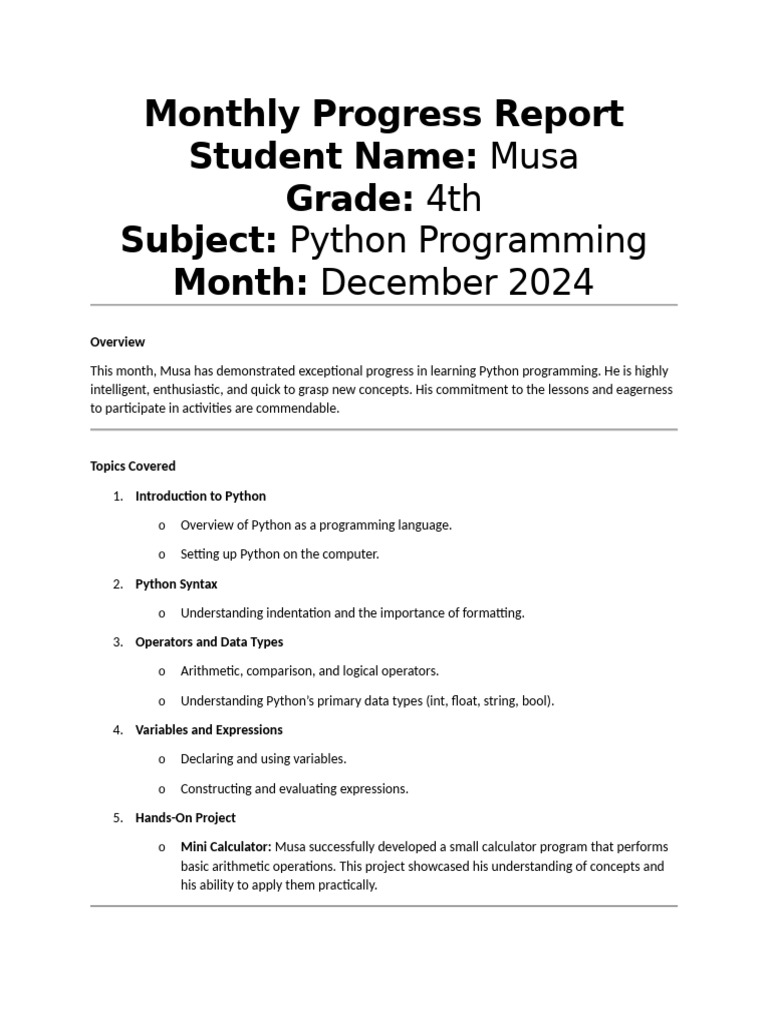 Monthly progress report musa decembebr pdf