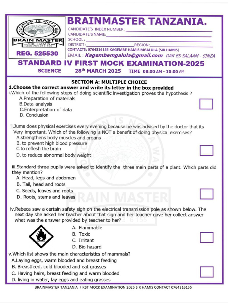 Brainmaster Tanzania?? Iv Scie First Mock 2025 | PDF