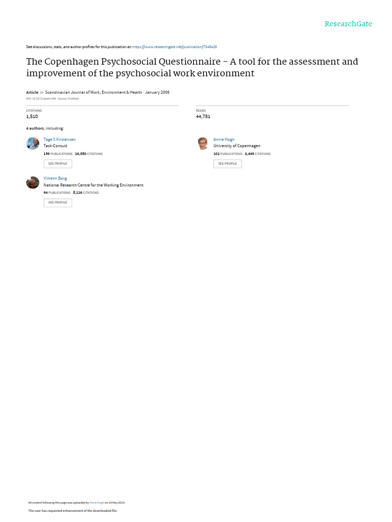 The Copenhagen Psychosocial Questionnaire - A Tool | PDF | Job ...