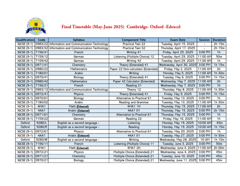 G10 Timetable May June 2025 Examination Pdf Qualifications
