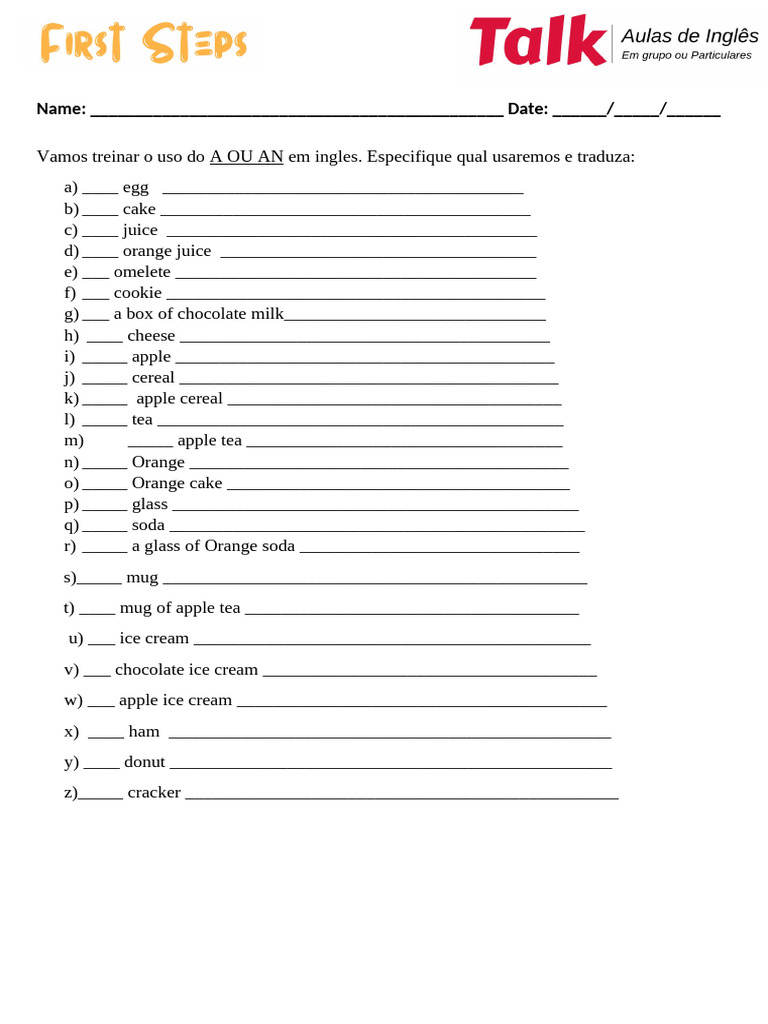 Exercícios de A OU AN e Tradução em Inglês | PDF | Lanche | Culinária