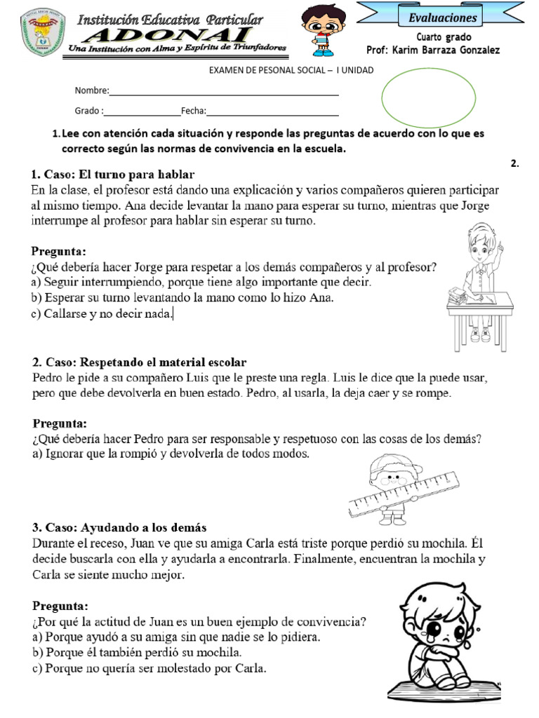 Examen de Personal Social 4° Grado 2024 | PDF