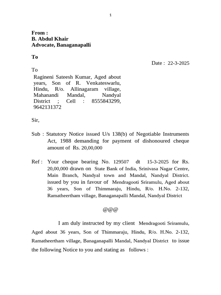 NI Act Notice | PDF | Cheque | Private Law