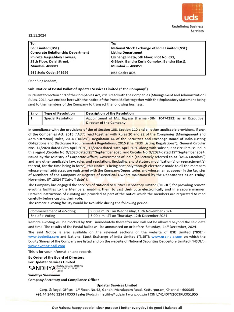 Notice of Postal Ballot for UDS Shareholders | PDF | Login | Electronic ...