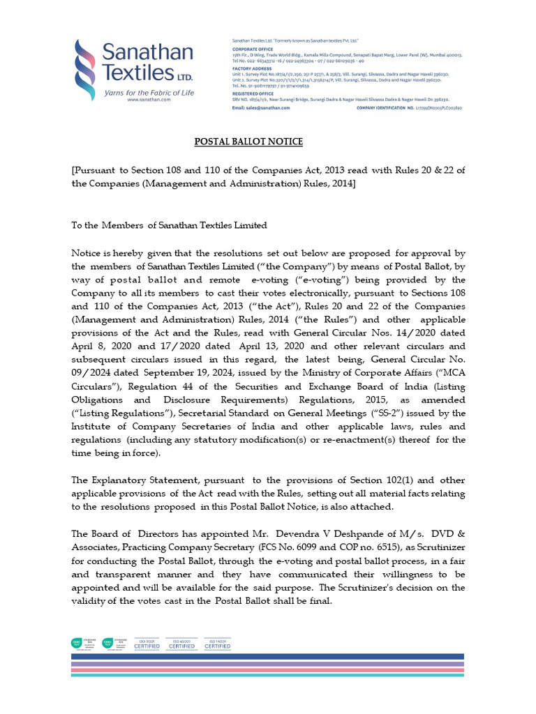 Postal Ballot Notice for ESOP 2021 | PDF | Electronic Voting | Login
