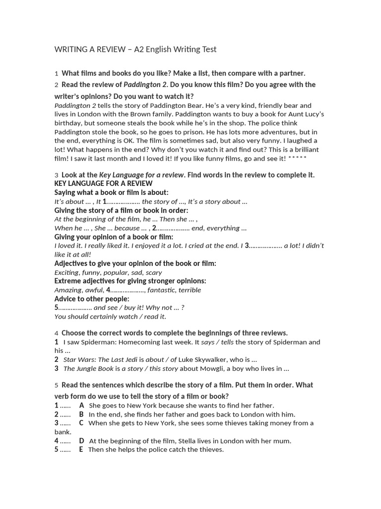A2 English Film Review Writing Guide | PDF | Paddington Bear