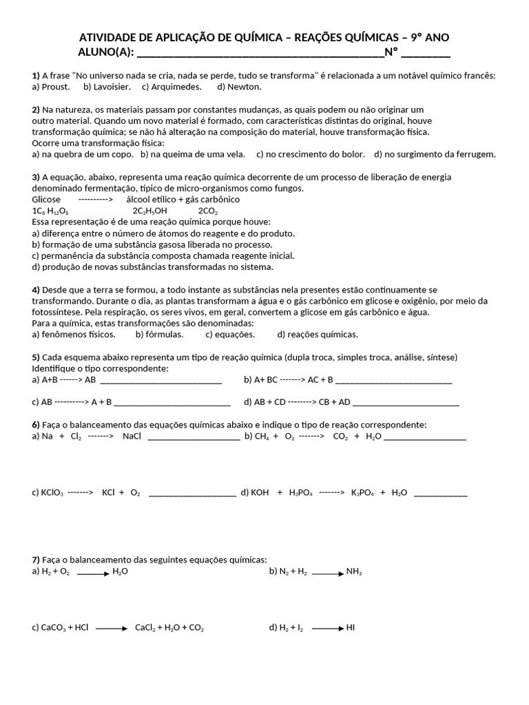 Atividades sobre Reações Químicas - 9º Ano | PDF | Reações químicas ...