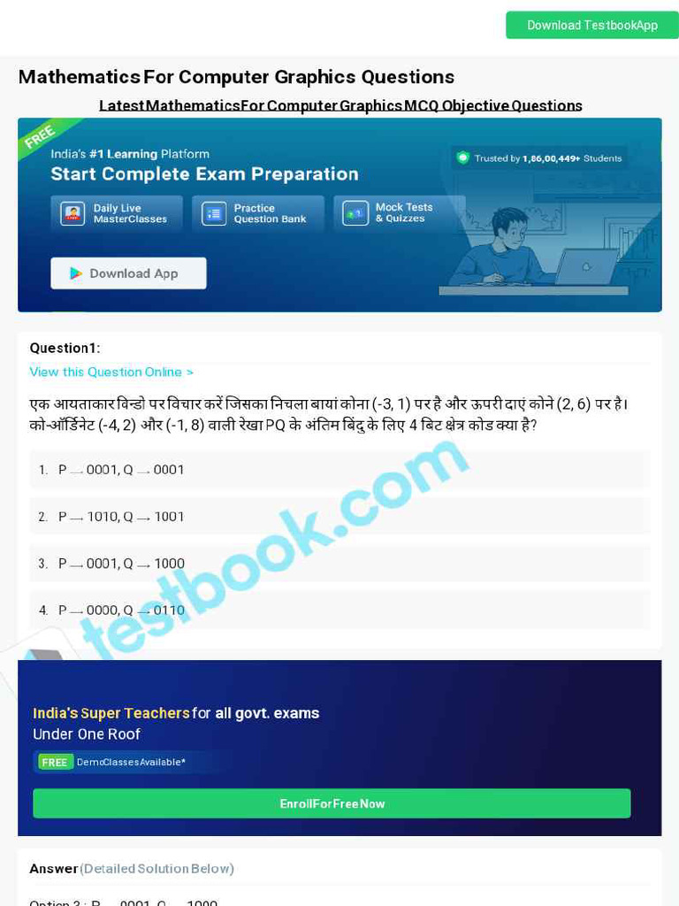 MCQ On Mathematics For Computer Graphics 5eea6a0939140f30f369da55 | PDF