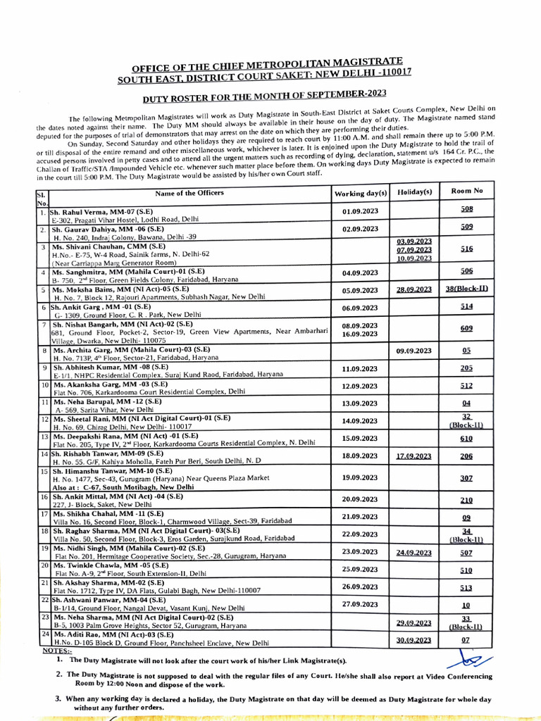 Duty Magistrate Roster September 2023 | PDF | Bail | Magistrate