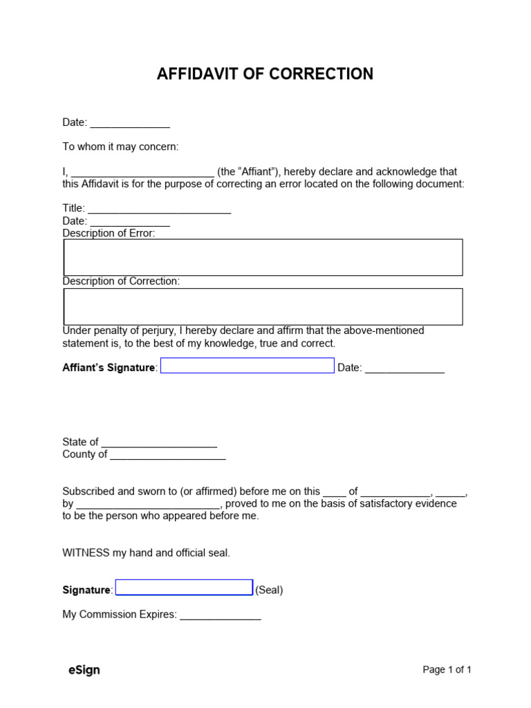 Affidavit of Correction Template | PDF