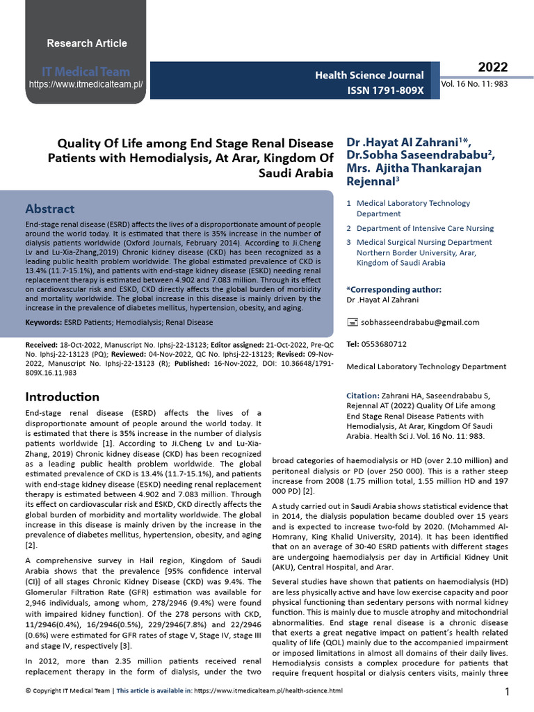 Quality of Life Among End Stage Renal Disease Patients With ...