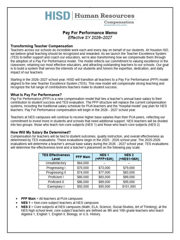 HISD Pay For Performance Overview 2026-27 | PDF | Salary | Teachers