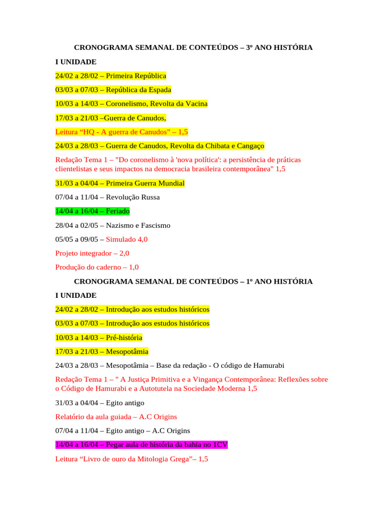 Cronograma de Conteúdos de História | PDF