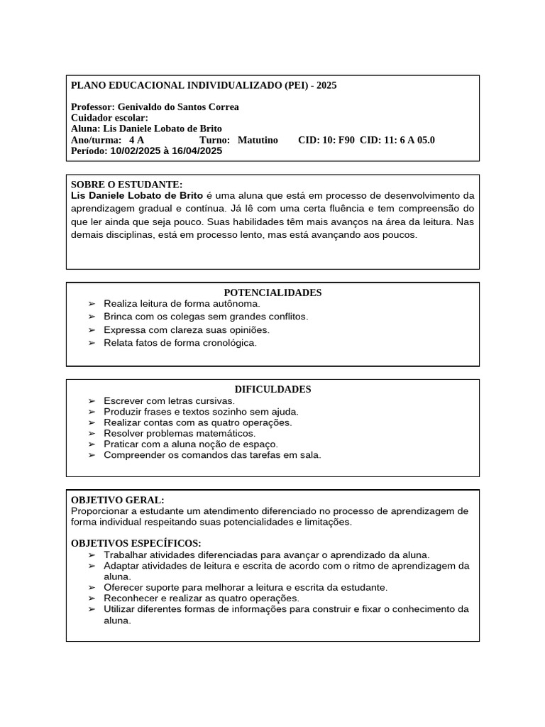 PEI 2025: Planos de Aprendizagem Individualizados | PDF | Aprendizado ...