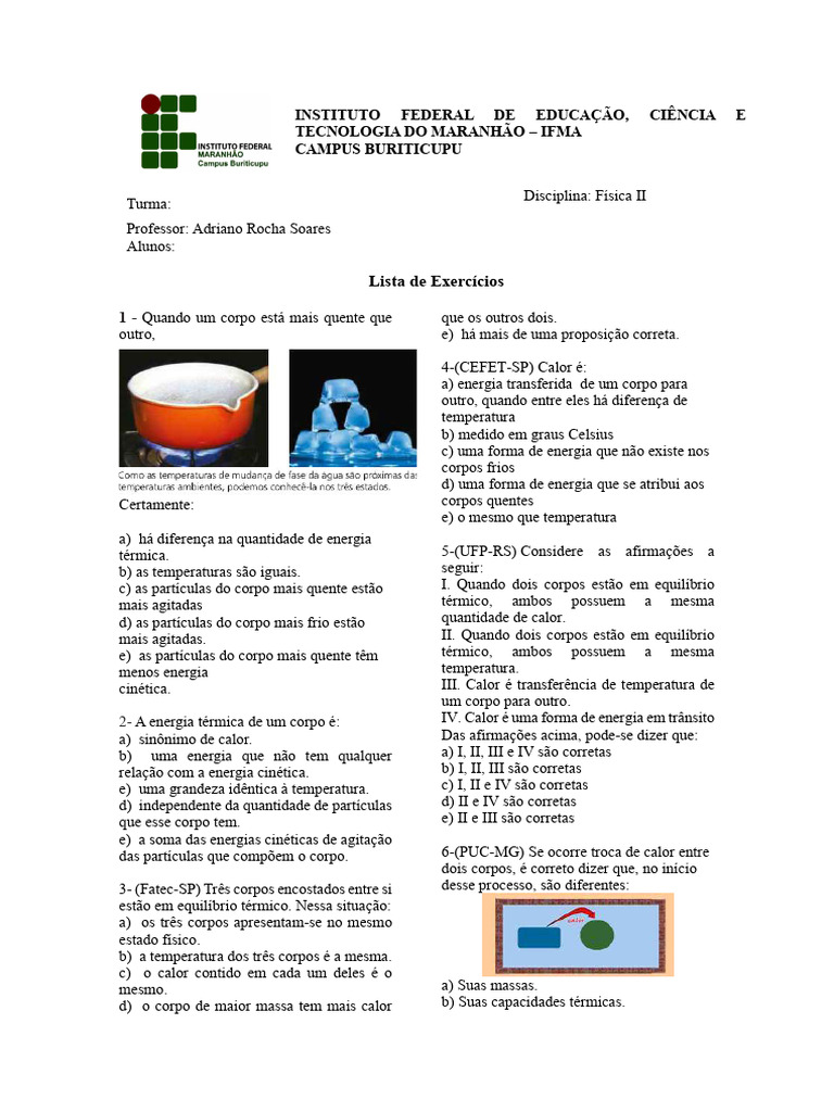 Lista Física | PDF | Calor | Temperatura