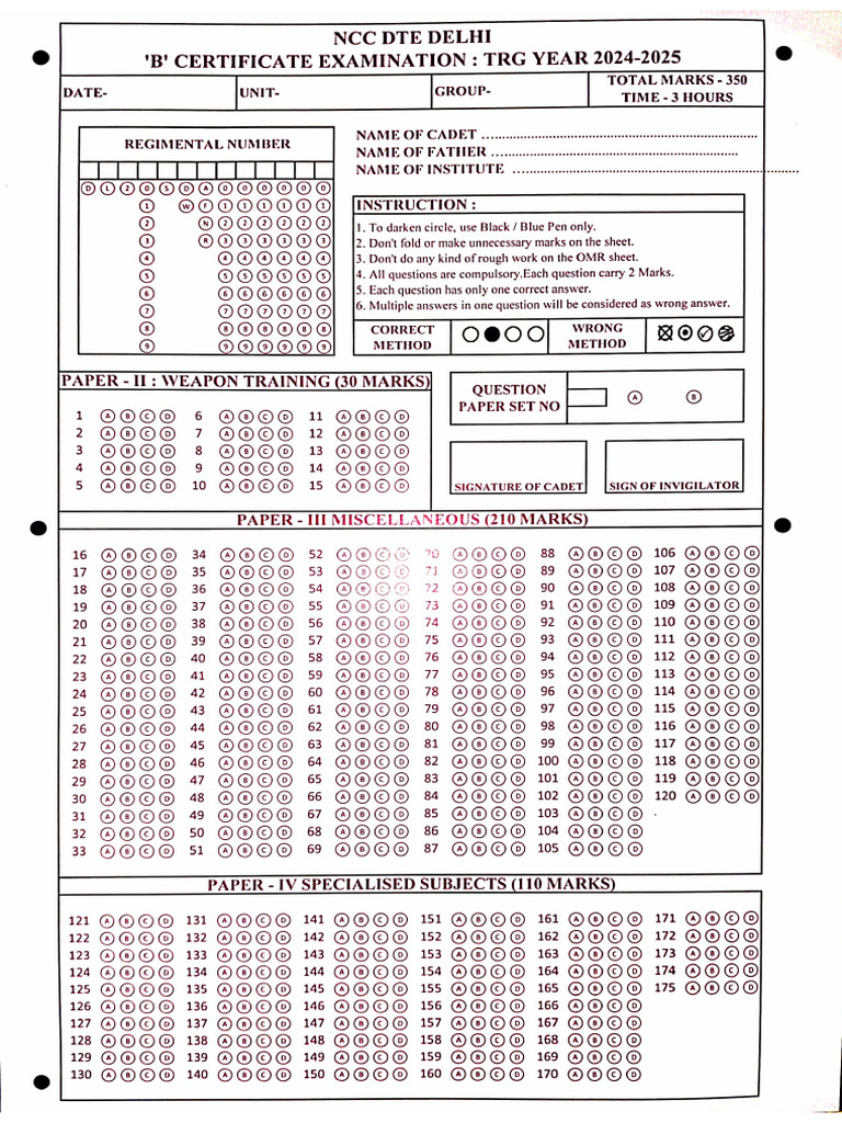 OMR Sample Copy B Certificate Exam 2024-25 | PDF