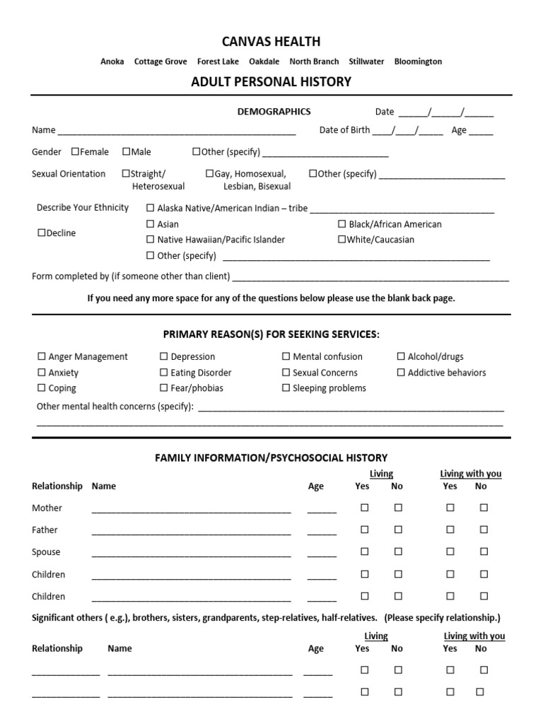 Canvas Health Adult Personal History Form | PDF | Marriage | Mental ...