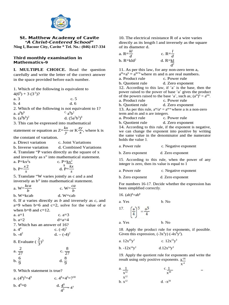Math Exam Review for Grade 9 Students | PDF | Exponentiation ...