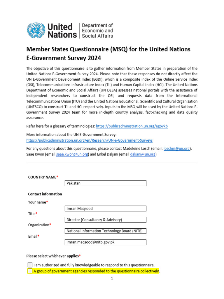 UN E-Government Survey 2024 Questionnaire | PDF | Pakistan | E Government