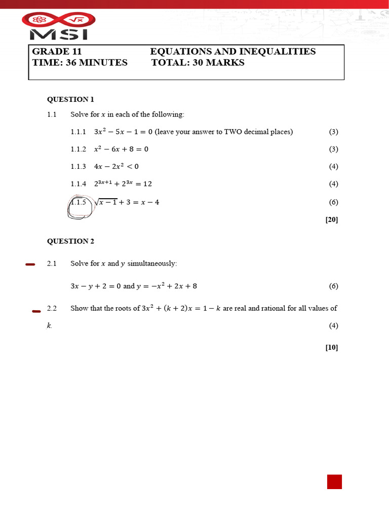 Grade 11 Equations & Inequalities Test | PDF