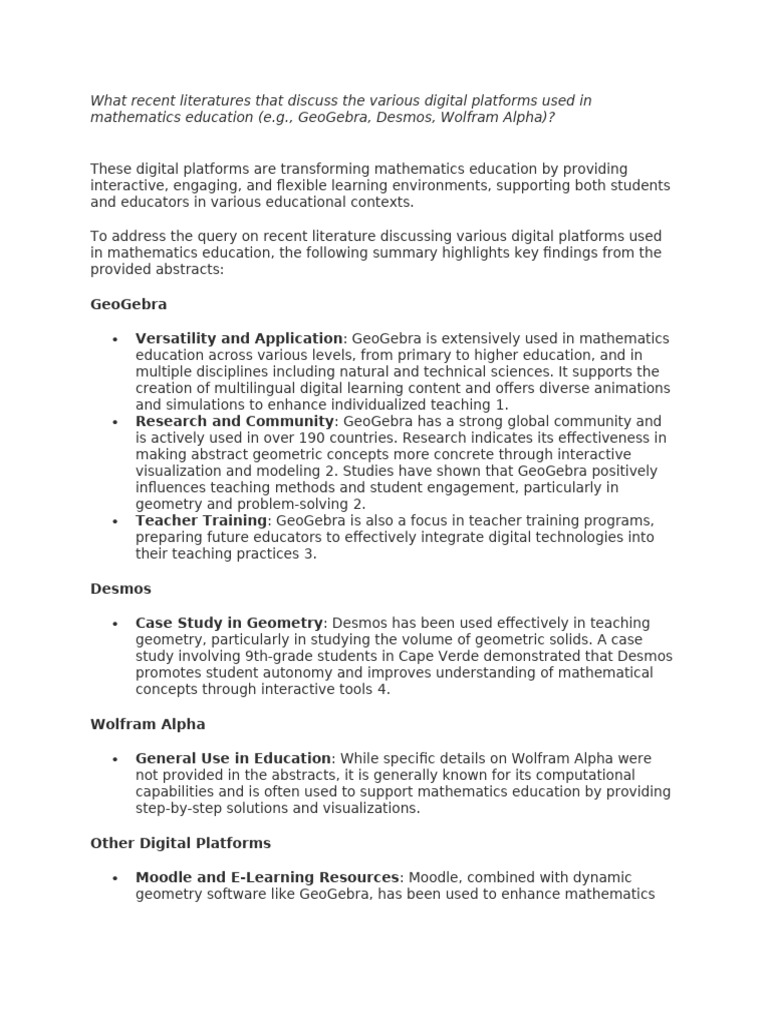 Various Digital Platforms Used in Mathematics Education (E.g., GeoGebra ...
