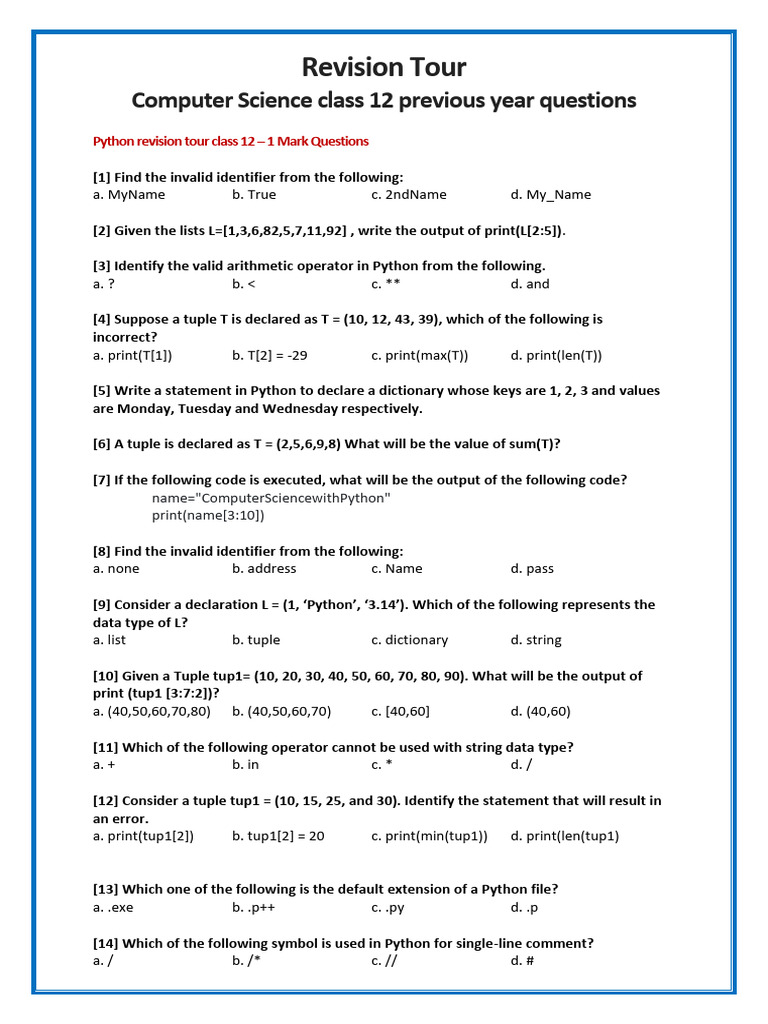 Revision Tour - Practice Questions | PDF | Python (Programming Language ...