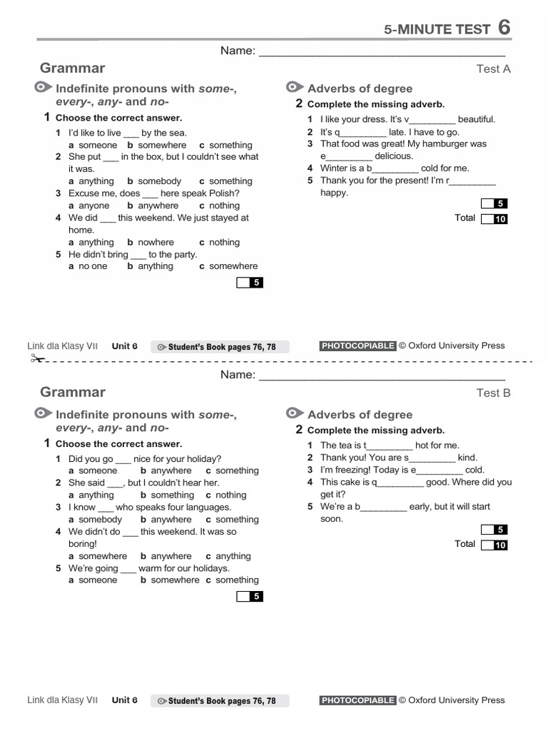 Indefinite Pronouns Test for Class VII | PDF | Language Mechanics ...