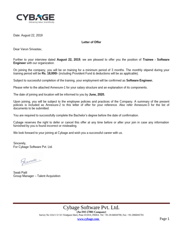 Cybage Software Trainee Offer Letter | PDF | Salary | Life Insurance